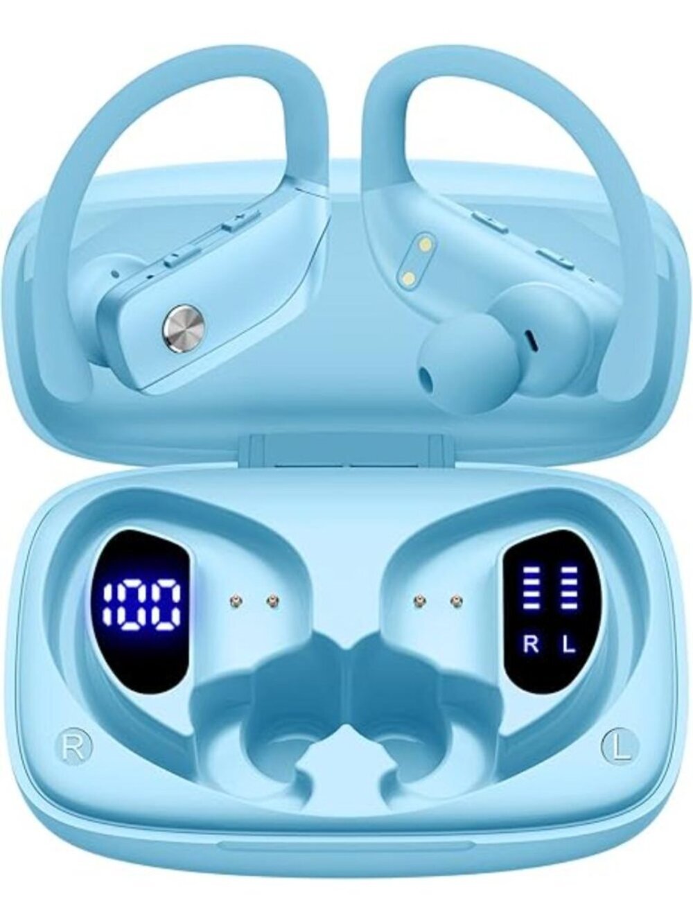 Sky Blue Wireless Earbuds Bluetooth LED Display Ear-hooks Built-in Mic Headset